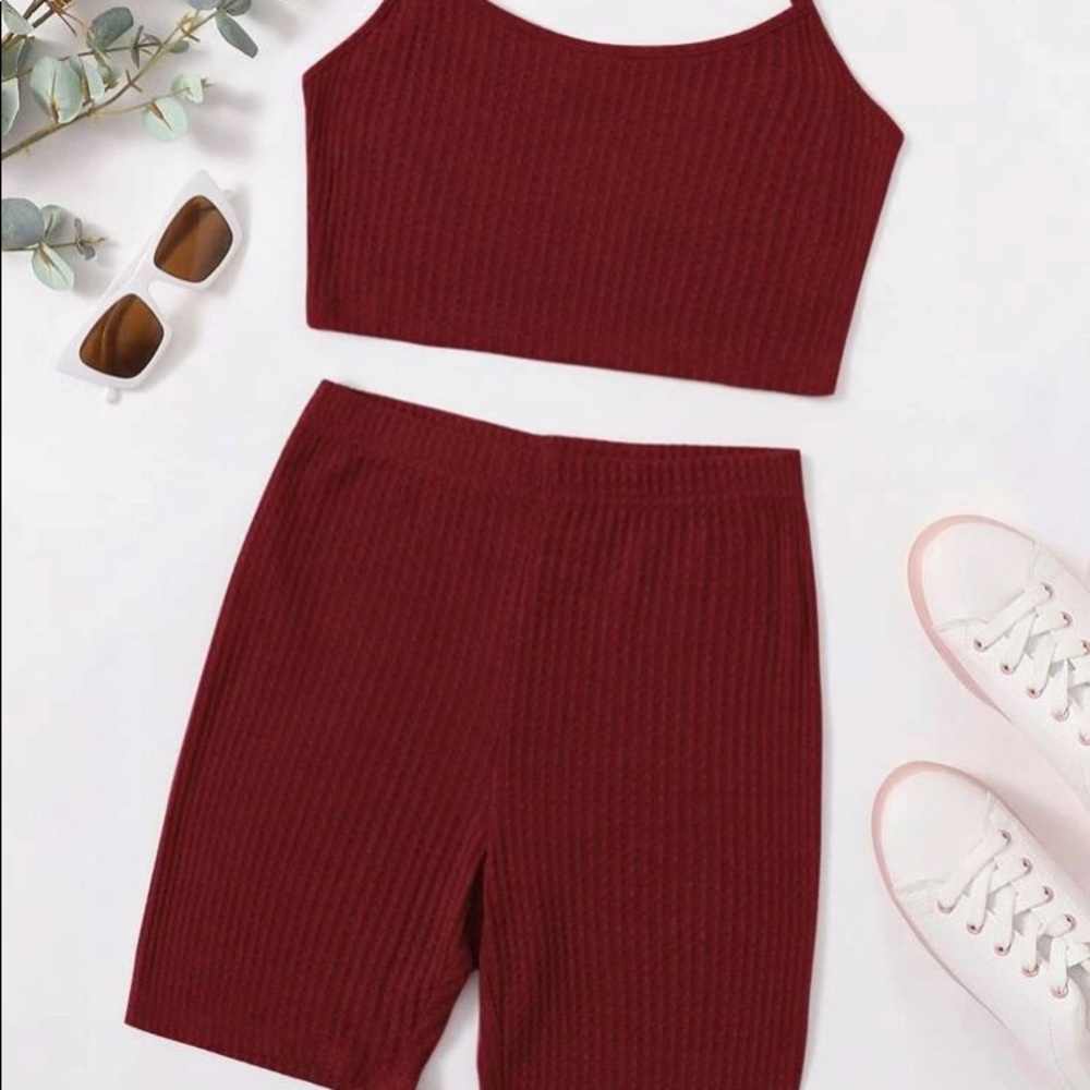 Two piece red cropped tank and biker shorts